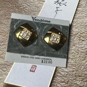 Vintage Gold Tone Diamond Square CZ Clip On Earrings by Vendome